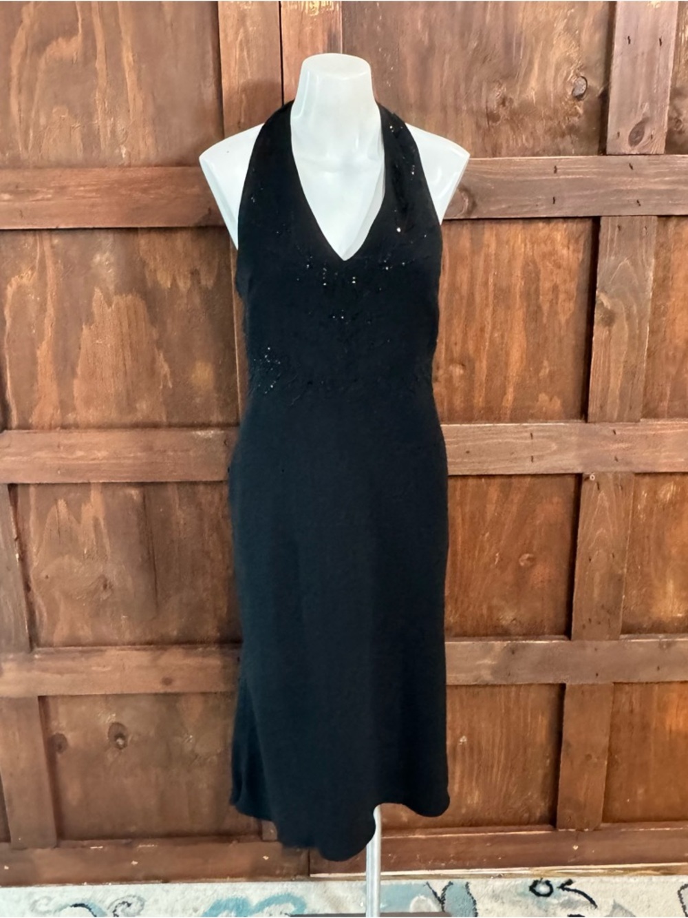Evan Picone Black Halter V-Neck Beaded Mini Dress